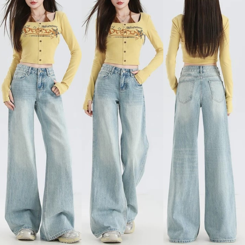 S~5XL Jeans Straight-leg pants for women กางเกงยีนส์ทรงตรงเอวสูงสีฟ้าอ่อน กางเกงสไตล์ลำลองหลวมที่เข้ากันได้ง่ายตามแฟชั่น