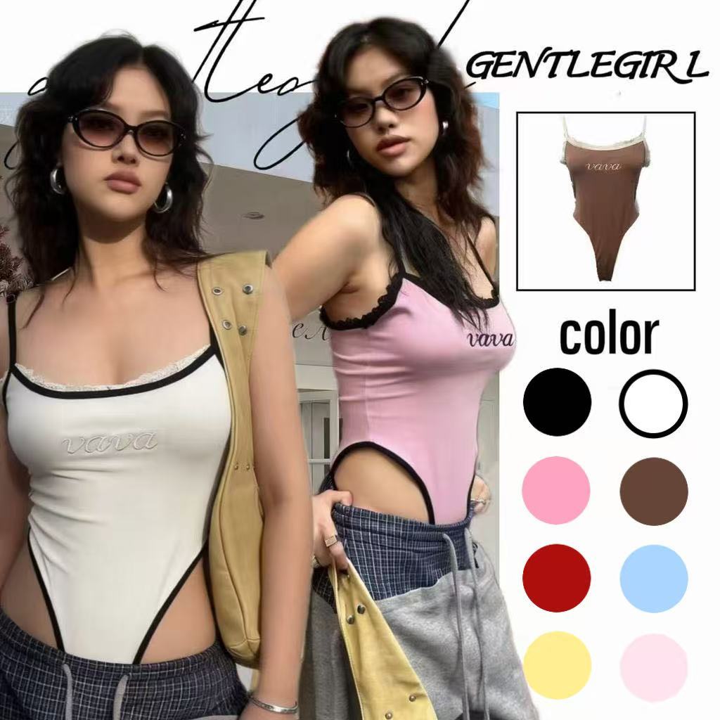 #GG🎀เสื้อสายเดี่ยวชิ้นเดียว ดีไซน์ปักลายที่หน้าอกและเว้าด้านข้าง ช่วยให้ดูผอมเพรียวขึ้น