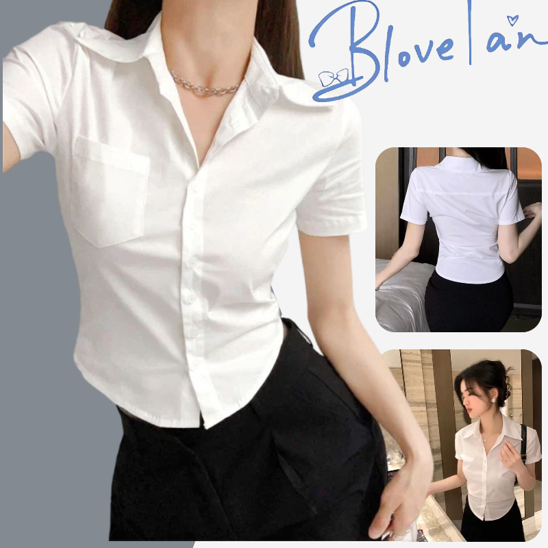 เสื้อเชิ้ตสีพื้นแขนสั้น เสื้อเชิ้ต เว้าเอว งานรัดรูป สไตล์เกาหลี