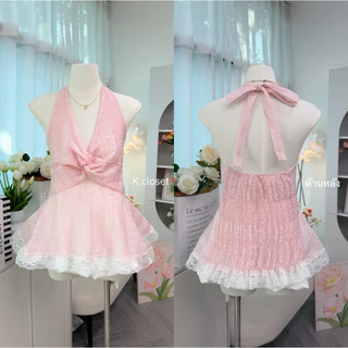(อก28-42) เสื้อสายคล้องคอทรงทวิตหน้า ผ้าโรซี่พิมพ์ detail แต่งชายทุกไม้สาวอวบใส่ได้อกถึง 42 นิ้ว รับซัมเมอร์☀️🏝️(ผ้าบาง)