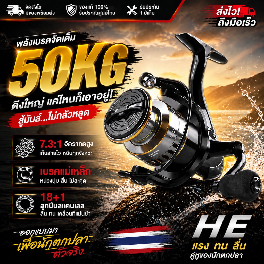 รอกตกปลา รอกสปินนิ่ง HE500-7000 อัตราทดเกียร์ 5.2:1 รอกสปินนิ่ง อุปกรณ์ตกปลา รอกสปินถูกๆ