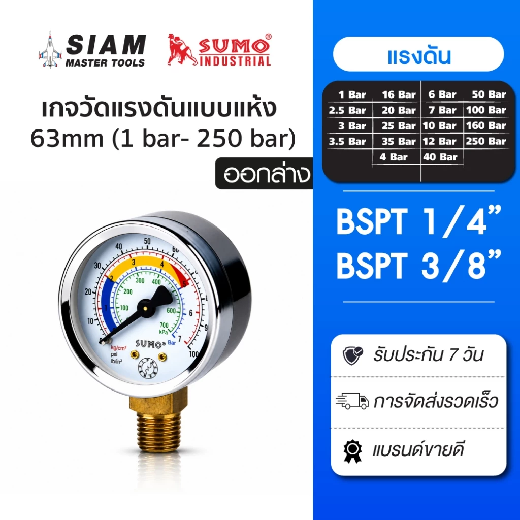 SUMO เกจวัดแรงดันแบบแห้ง หน้าปัดขนาด 63 มม. ออกล่าง ใช้งานได้ทั้งลมและน้ำ ทองเหลืองแท้ 100%