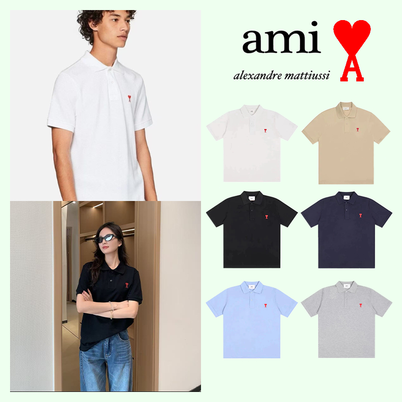 เสื้อโปโลคอตั้ง AMI Paris ของแท้ 100% ปักลายหัวใจ ดีไซน์ทันสมัยและหรูหรา ใส่ได้ทั้งชายและหญิง จัดส่งรวดเร็ว