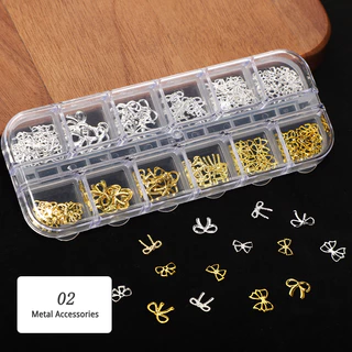 Nawoelite เครื่องประดับเล็บ ดอกไม้ ผีเสื้อ ชุดเครื่องประดับเล็บ 12 ช่อง สีทอง อุปกรณ์ตกแต่งเล็บ DIY ดอกไม้ ผีเสื้อ โบว์