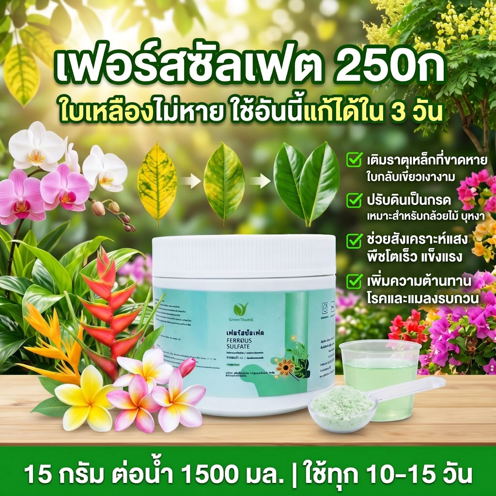 【GreenThumb】เฟอร์รัสซัลเฟต 250 กรัม เสริมธาตุเหล็ก ปรับความเป็นกรด-ด่างของดิน ปุ๋ยอเนกประสงค์สำหรับต้นไม้ในกระถาง