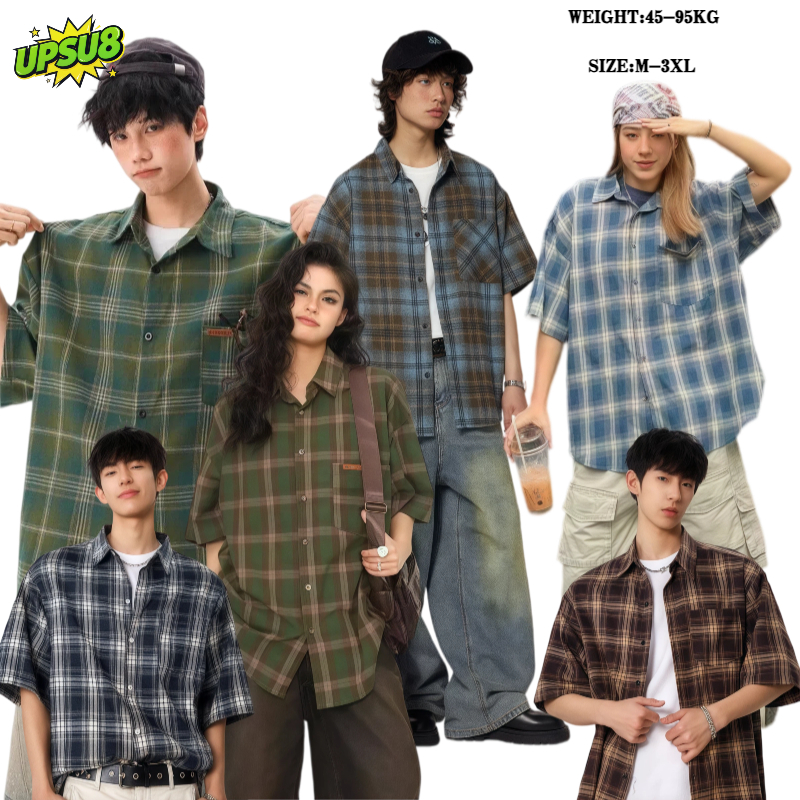 UPSU8 เสื้อเชิ้ตลายสก็อตหลวมๆ เสื้อเชิ้ตแขนสั้น  สไตล์เรโทร แฟชั่นฤดูร้อน สไตล์เกาหลี สไตล์ฮ่องกง ผู้ชายผู้หญิงใส่ได้