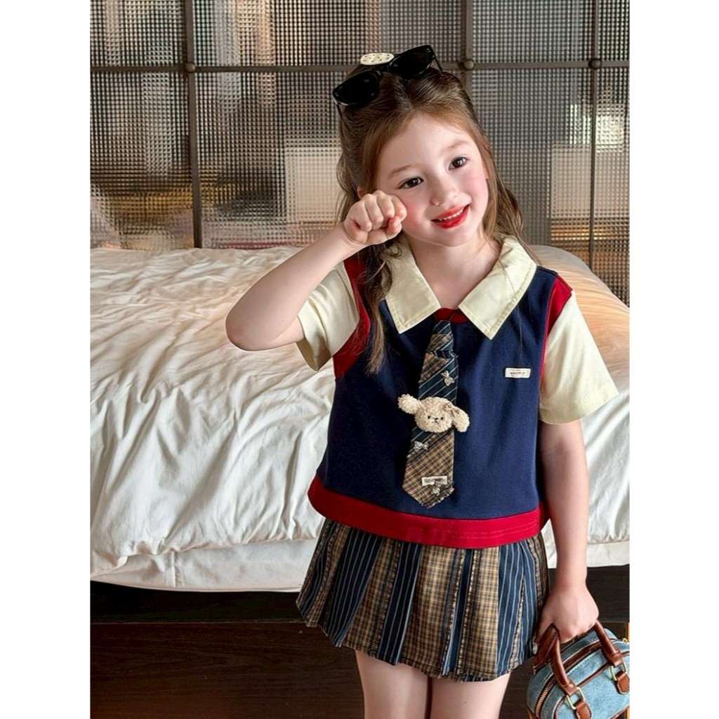 AY278 ชุดเซ็ตเด็กผู้หญิงสไตล์นักเรียนเกาหลี เสื้อคอปก + กระโปรงจีบ