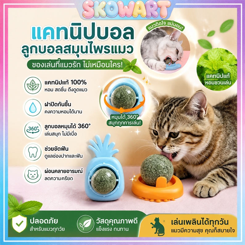 กัญชาแมว แคทนิปบอล แคทนิปบอลแมวเลีย ติดกำแพง ไม่กลิ้งหาย ลูกมิ้นต์ตัวโปรดของแมวส่งถึงภายใน2-3วัน