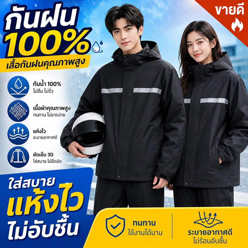 MEICชุดกันฝน เสื้อกันฝน แถบสะท้อนแสงสูง ชุดกันฝนพายุ กันฝนทั้งตัว ผ้าคุณภาพสู ชุดกันฝนแบบหนา