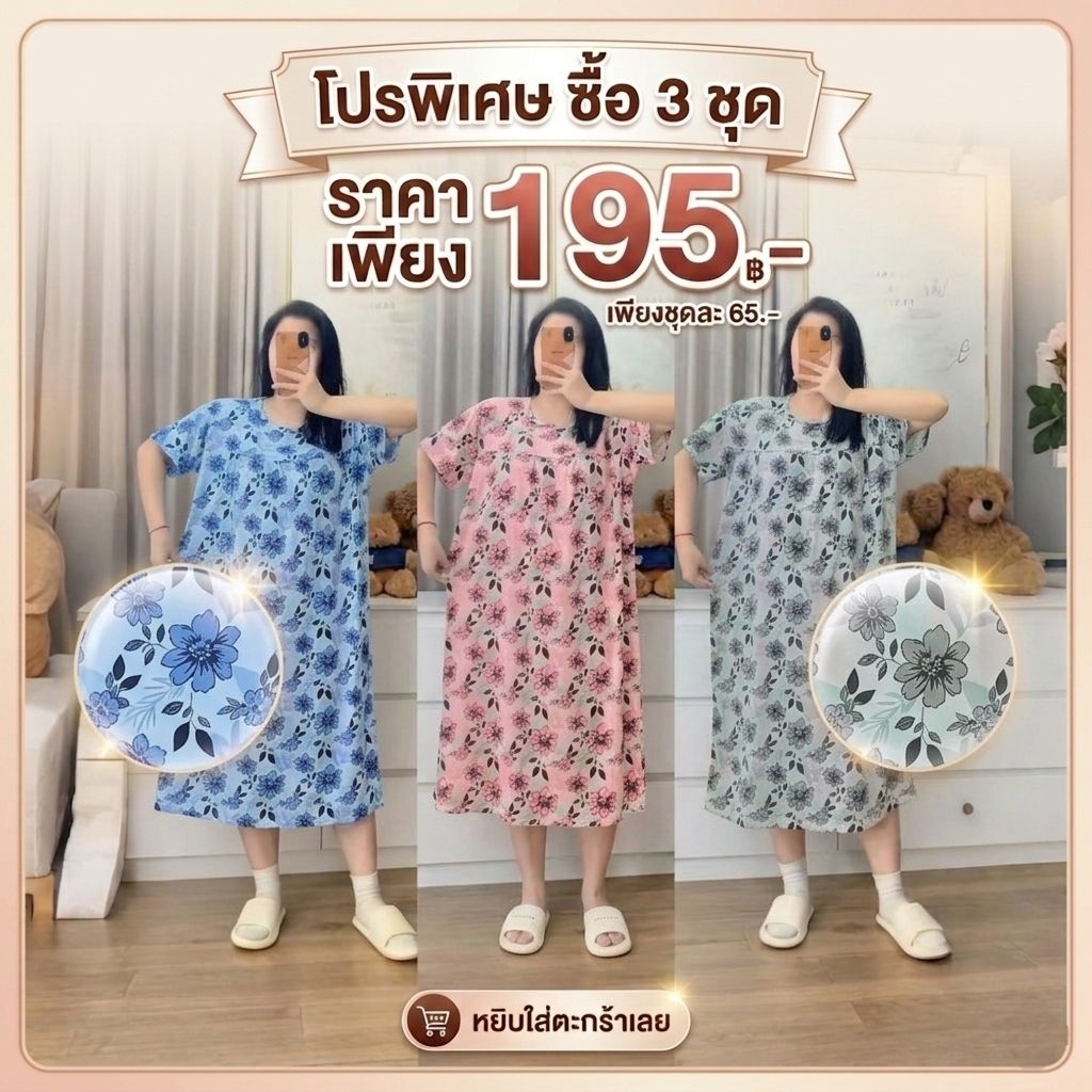 ชุดนอนผ้าสเปนเด็กซ์ ลายดอกไม้น่ารัก นุ่มเด้ง ใส่สบาย ไม่ร้อน [พร้อมส่ง]