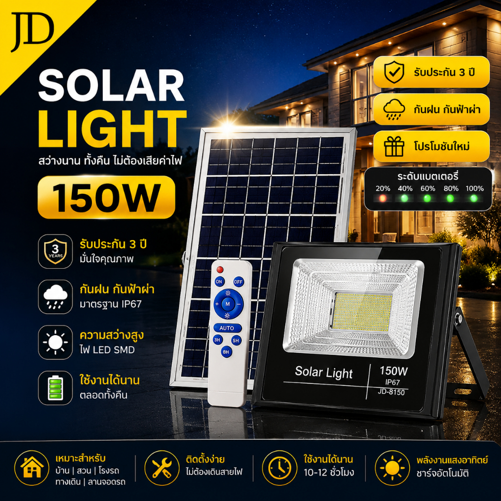 Solar Light 150W กันน้ำ พลังงานแสงอาทิตย์ สปอตไลท์ พลังงานแสงอาทิตย์ Solar cell สว่างอัตโนมัติเมื่อฟ้ามื