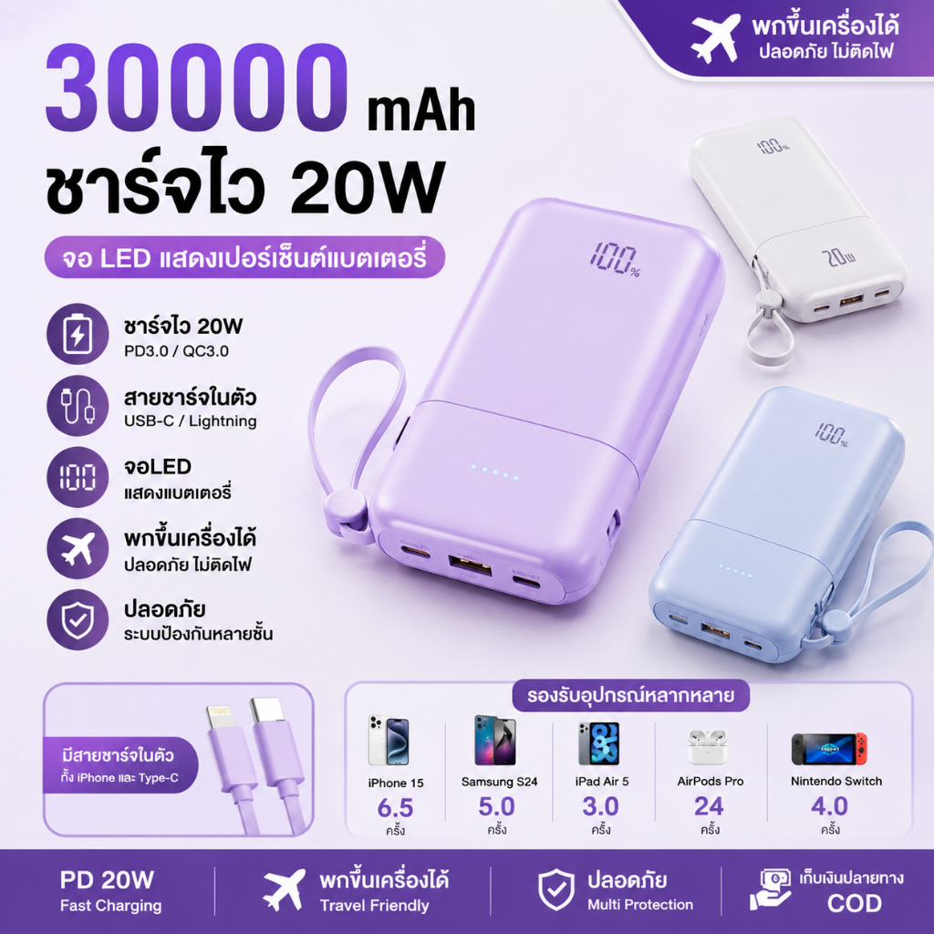 แบตสำรอง พาวเวอร์แบงค์ แบตเตอรี่สำรอง 30000mAh ชาร์จเร็ว 2.1A พร้อมสายชาร์จ 4in1 All in one มีมอก.