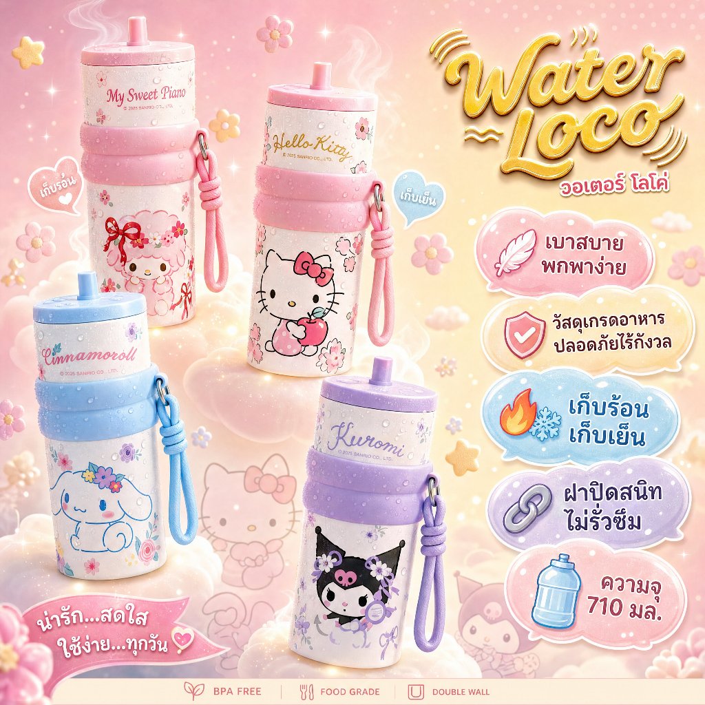 WaterLoco ถ้วยเก็บความร้อน 710มล สแตนเลส 316 รูปแบบการ์ตูน  ขวดน้ำติดรถยนต์ พร้อมหลอด – โปรปัง