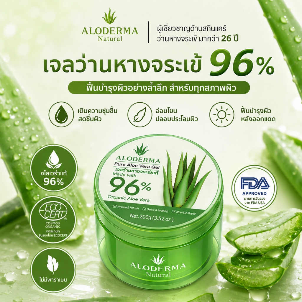 ALODERMA Aloe Vera Soothing Gel 99% เจลว่านหางจระเข้ เติมความชุ่มชื้น ฟื้นฟูผิวหลังออกแดด หน้าและตัว 200g