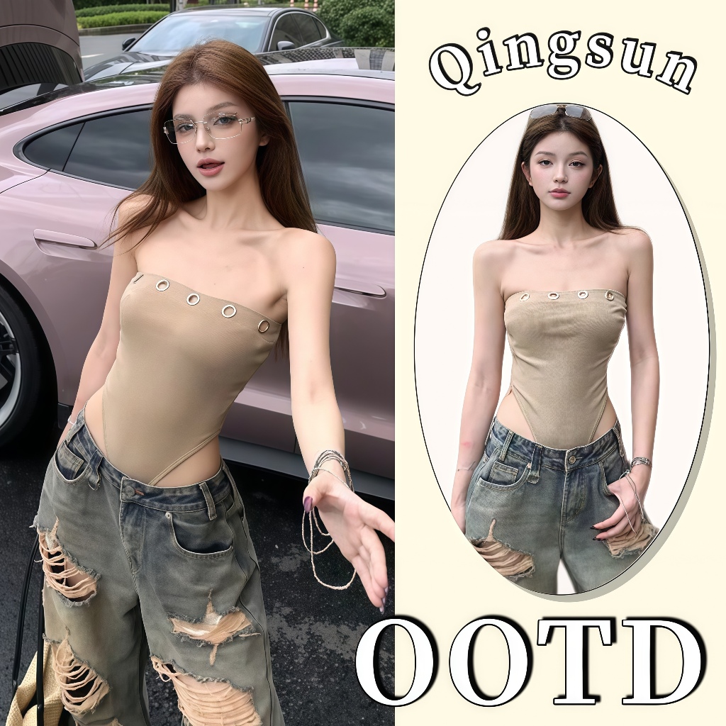 Qingsun ผู้หญิง แนบเนื้อ สีพื้น เสื้อเกาะอกบอดี้สูท การออกแบบห่วงโลหะ เรียบง่าย เซ็กซี่สไตล์เกาหลี FY5129