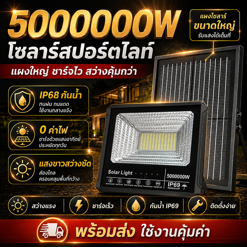 【ซื้อ1แถม1】ไฟโซล่าเซลล์ 5000000W โซล่าเซลล์ กันน้ำ กันฟ้าผ่า Solar Light สว่างอัตโนมัติเมื่อฟ้ามื