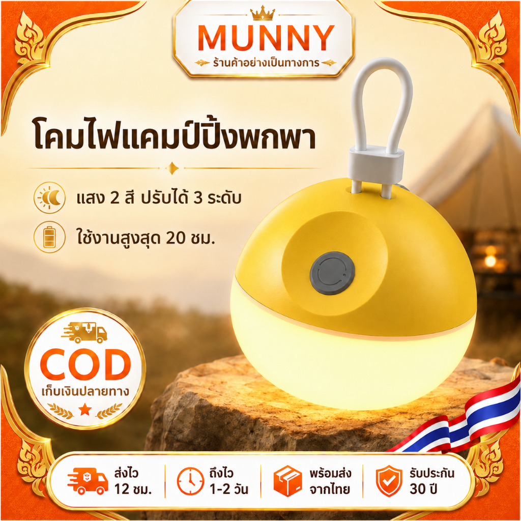 Munny โคมไฟแคมป์ปิ้ง LED พกพา แขวนได้ ชาร์จได้ แสง 2 สี ใช้งานนาน สำหรับเต็นท์และกลางแจ้ง โคมไฟเต็นท์พกพา