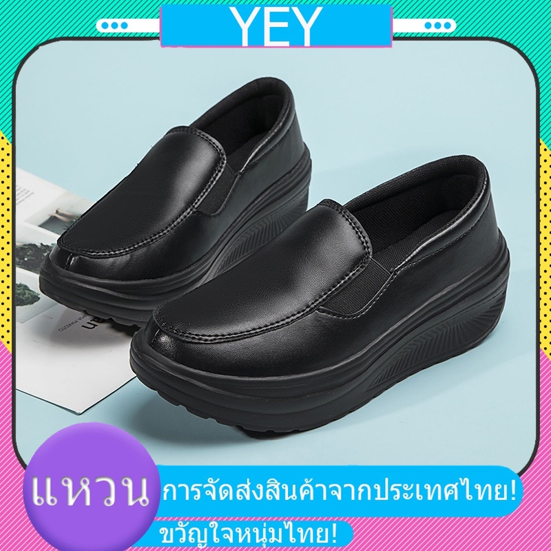 รองเท้าหนังผู้หญิงสีดำ พื้นหนา กันน้ำ กันลื่น พื้นนุ่ม สวมใส่สบายสำหรับการยืนเป็นเวลานาน เหมาะสำหรับใส่ทำงานและใส่ลำลอง