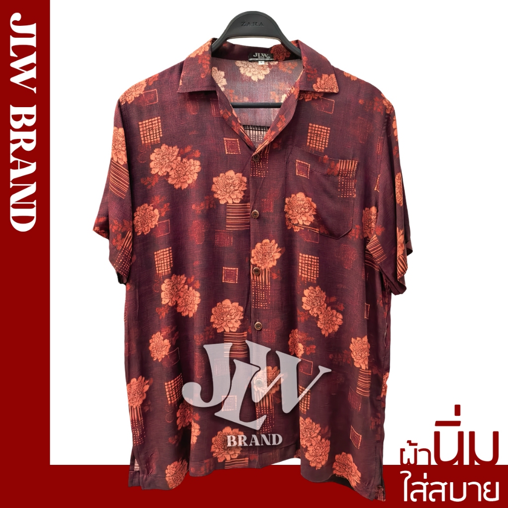 เสื้อฮาวาย ลายดอกมัม แดง ผ้านิ่ม M L XL Oversize คอฮาวาย JLW BRAND