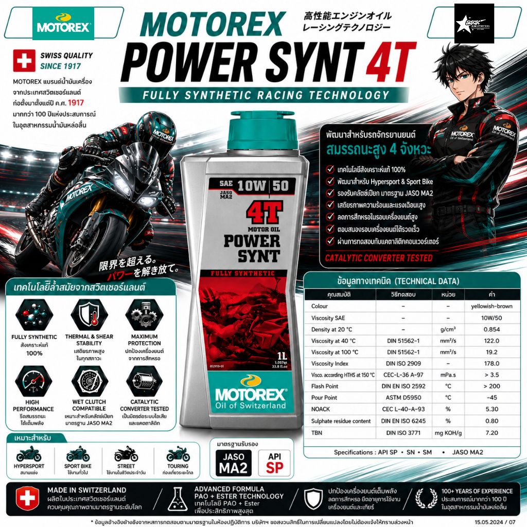 MOTOREX POWER SYNT 4T SAE 10W/50,10W/60 MA2 น้ำมันเครื่อง ขนาด 1 ลิตร