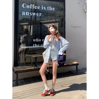 เสื้อเชิ้ตแขนยาวลายทางสีฟ้าพร้อมโบว์ ไซส์ใหญ่ สไตล์ลำลองใส่สบายสำหรับสาวพลัสไซส์ ใส่แล้วดูเพรียว#A97