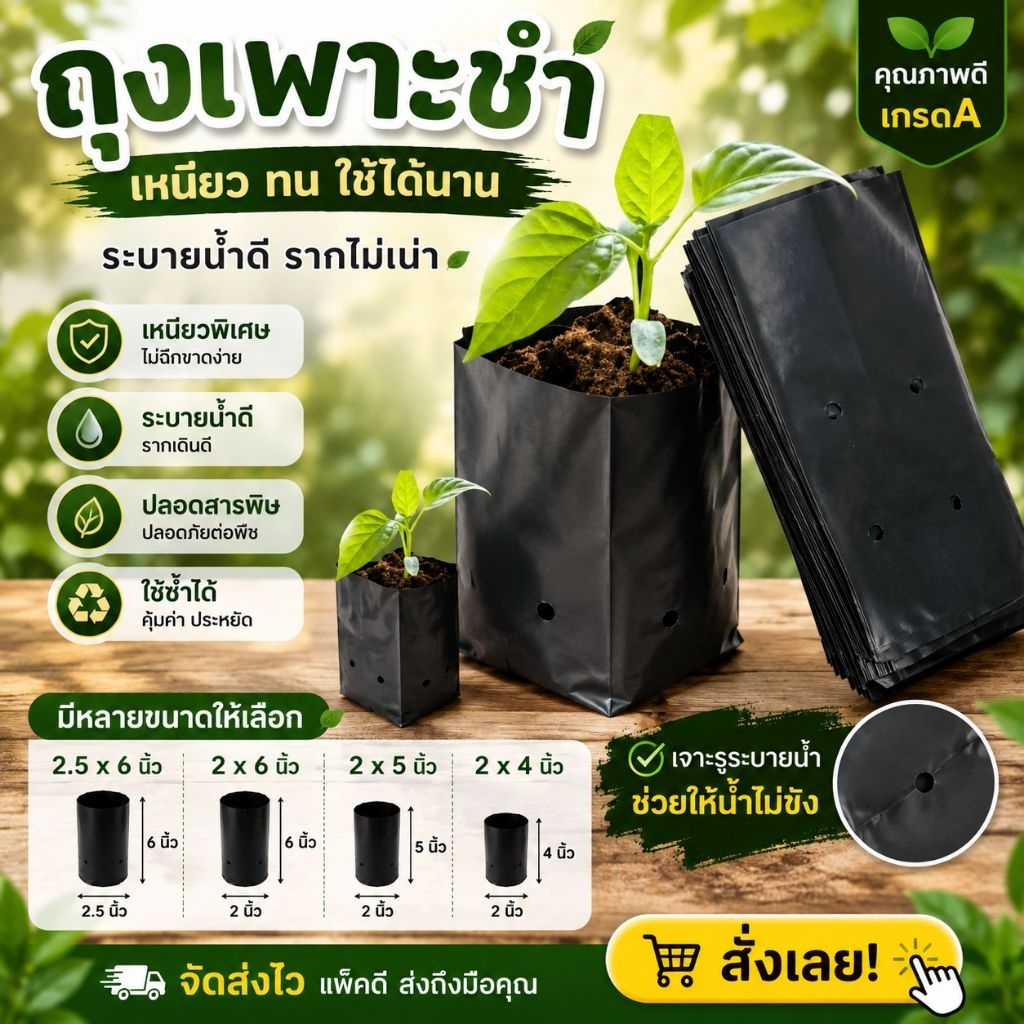 ถุงเพาะชำPE เกรดA หนา เหนียว ทน(ขนาด1KG./แพค)
