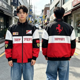【พร้อมส่งไทย】F1 Ferrari แจ็คเก็ต เสื้อแข่งรถ ลำลอง อเมริกันย้อนยุค ปักลาย กันลม แบบมีซิป สำหรับผู้ชายผู้หญิง