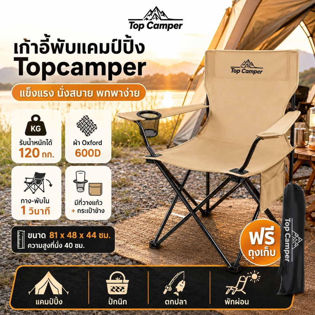 2026 Topcamper เก้าอี้แคมป์ปิ้ง พับได้ มีที่พักแขน พร้อมถุงหิ้ว