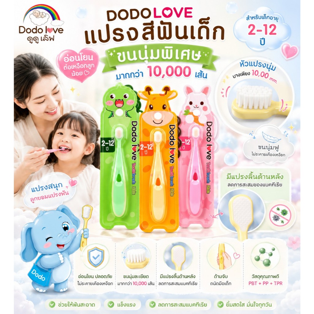 [ส่งด่วน] DODOLOVE แปรงสีฟันเด็ก ขนแปรงนุ่มพิเศษ (Micro Nano) สัมผัสนุ่มแน่น อ่อนโยนต่อเหงือกและฟันเด็ก