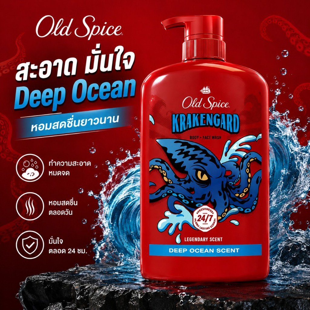 Old Spice Body Wash Krakengard กลิ่น Deep Ocean สูตร 24/7 Shower Clean ครีมอาบน้ำผู้ชาย หอมสดชื่น