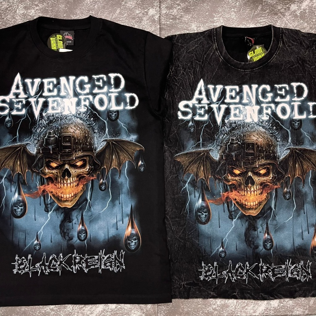 เสื้อยืดผ้าดำ-ผ้าฟอก A7X หัวกะโหลก (ป้ายRocktee เรืองแสง) ผ้าCotton100