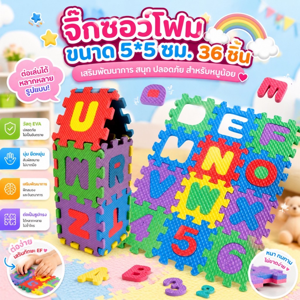 🧩 จิ๊กซอว์โฟมภาษาอังกฤษ: ชุดตัวอักษร 36 ชิ้น! ขนาดจิ๊กซอว์ 5 x 5 ซม.