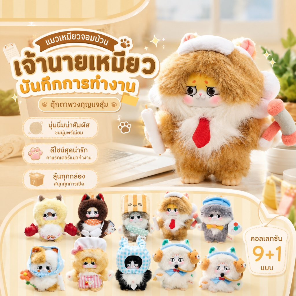 MaoMao King Office Worker Plush Blind Box ตุ๊กตาขนนุ่มกล่องสุ่ม ธีมแมวทำงาน สะสมได้