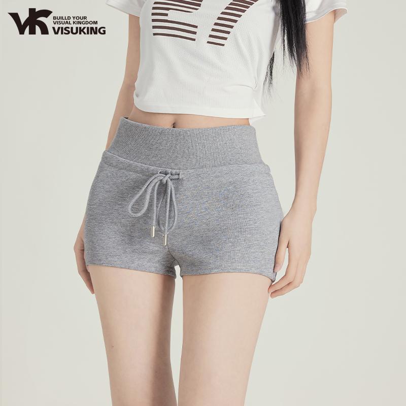 VISUKING กางเกงกีฬาขาสั้น สีเทาและสีดำ สไตล์สาวฮอต กางเกงฮอต สายรัดและลำลอง เอวสูง ขาตรง อเนกประสงค์ กางเกงแฟชั่นสตรี เห