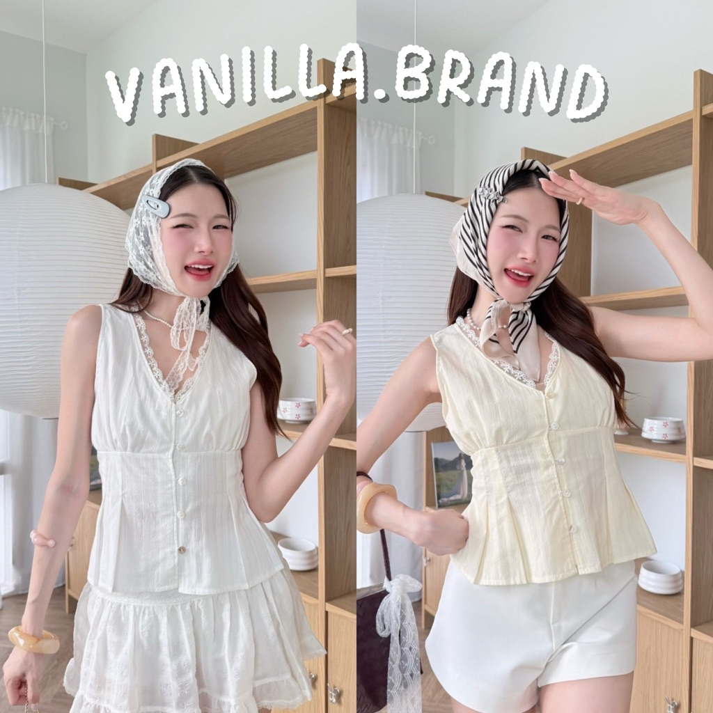 เสื้อแขนกุด คอวี แต่งลูกไม้ -ttm / VB0674