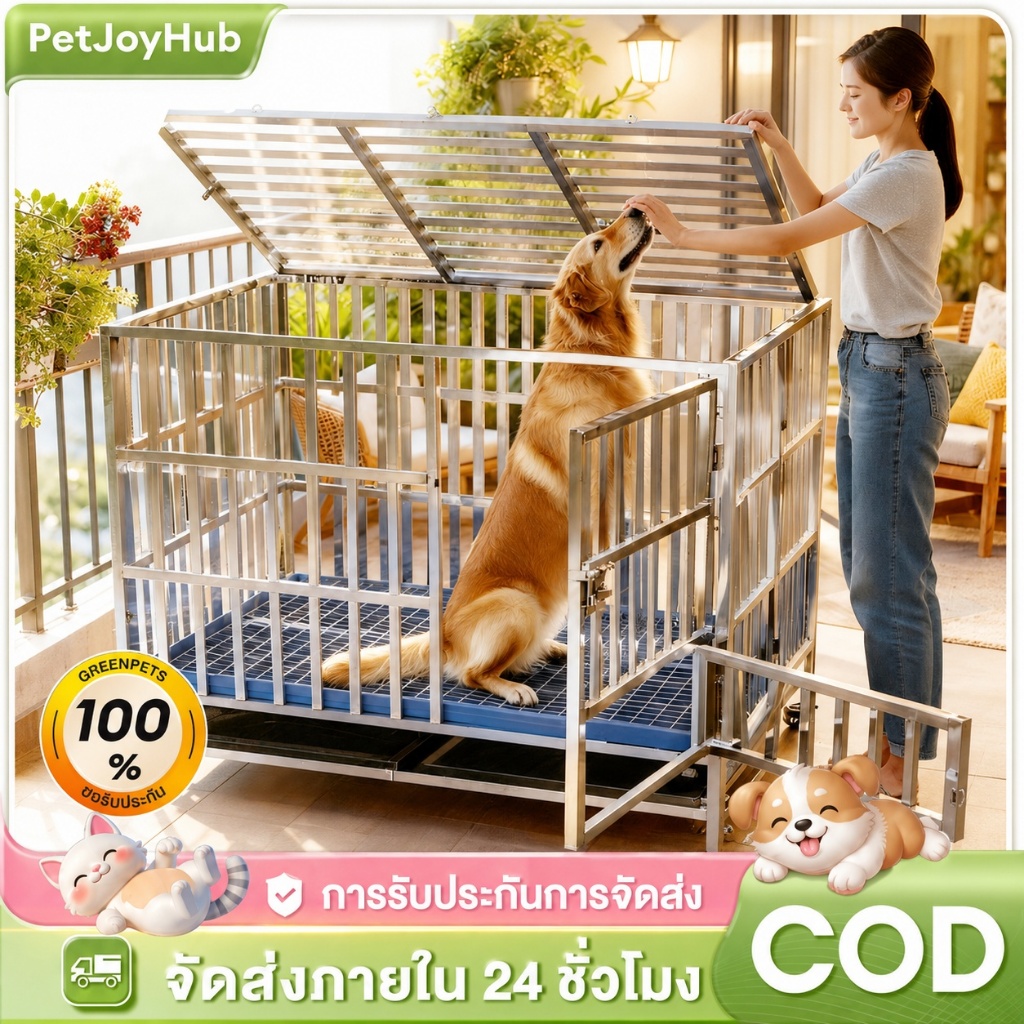 กรงสัตว์เลี้ยง กรงหมา พับได้ กรงสุนัขสแตนเลส 304 กรงสัตว์เลี้ยง แข็งแรง กรงสุนัขใหญ่ ฟรีแผ่น พาเลท