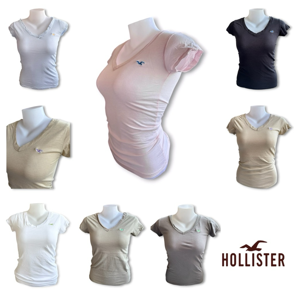 [1 แถม 1] เสื้อยืด Hollister XX111 คอวี ทรงเข้ารูป (Baby Tee) สไตล์ Y2K (แถมฟรีคละสี!) ราคา 199.-