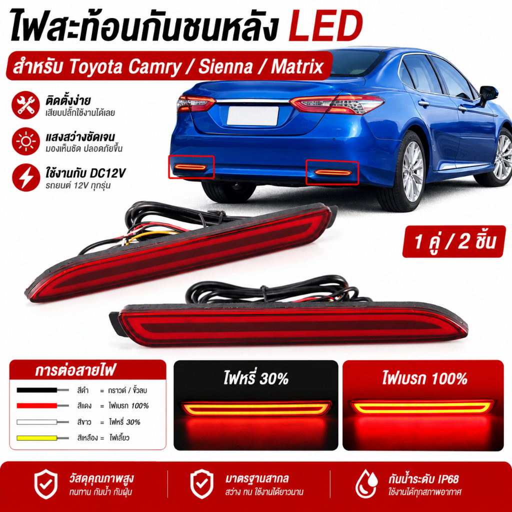 ไฟเบรก LED กันชนหลัง 2 ชิ้น สำหรับ Toyota Camry / Lexus รุ่นที่รองรับ