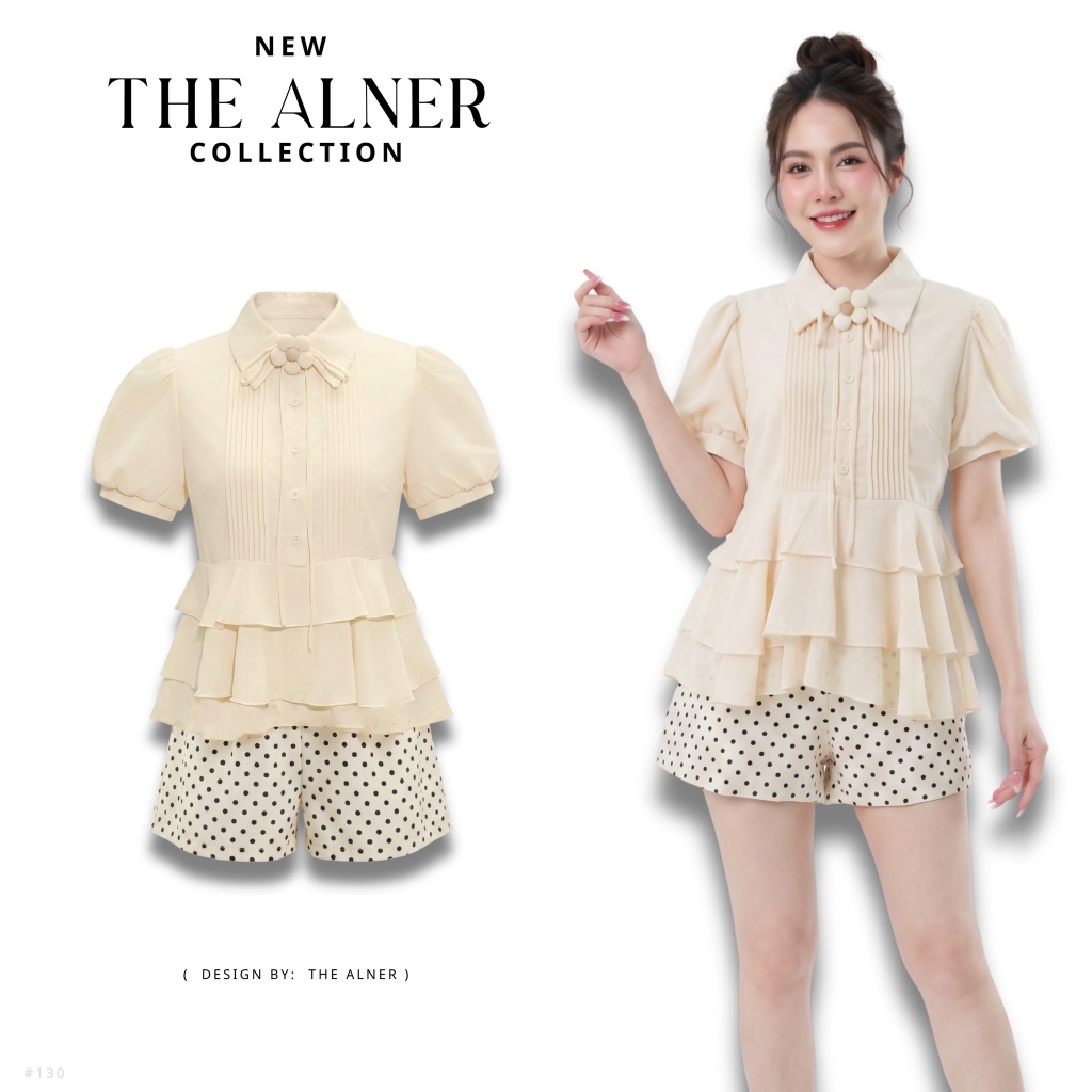 Thealner-AN130 (เซ็ตเสื้อครีมแขนสั้นแต่งดอกอก กางเกงขาสั้ืน)