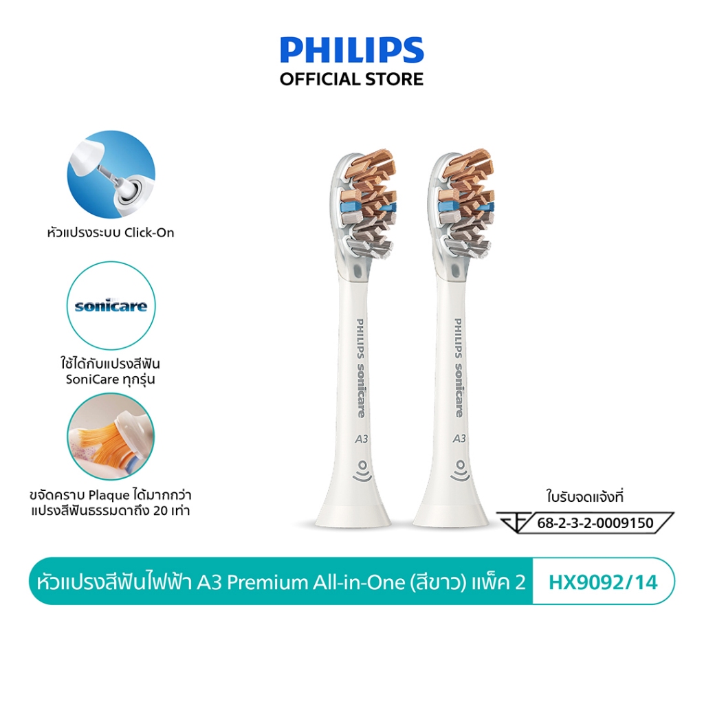 Philips Sonicare ฟิลิปส์ หัวแปรงสีฟันไฟฟ้า A3 Premium All-In-One, หัวแปรง Soft, แพ็ค 2 (ด้ามสีขาว) รุ่น HX9092/14