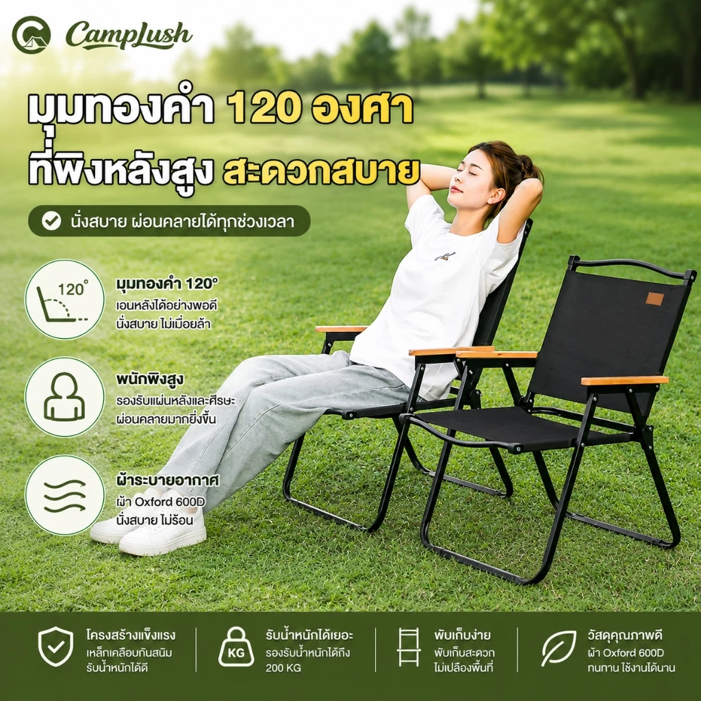 เก้าอี้แคมปิ้งพกพา ขาเหล็กคาร์บอน รับน้ำหนัก 300kg thumbnail 6