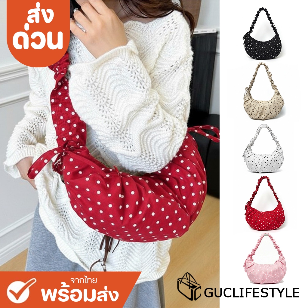 GUCSELECTED(C2448)ส่งด่วน-กระเป๋าสะพายไหล่ลายจุด ผ้าไนล่อน-ปรับสายย่นสะพายข้างได้