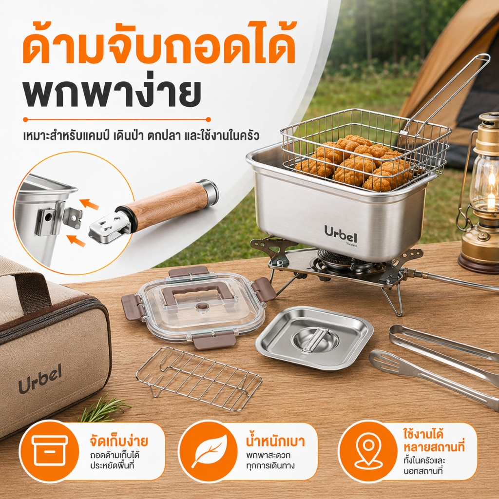 หม้อทอดสแตนเลส 316 ทรงสี่เหลี่ยม 2500ml ชุด 6/7 ชิ้น พร้อมตะกร้าทอด ด้ามจับถอดได้ ใช้ได้กับเตาทุกประเภท