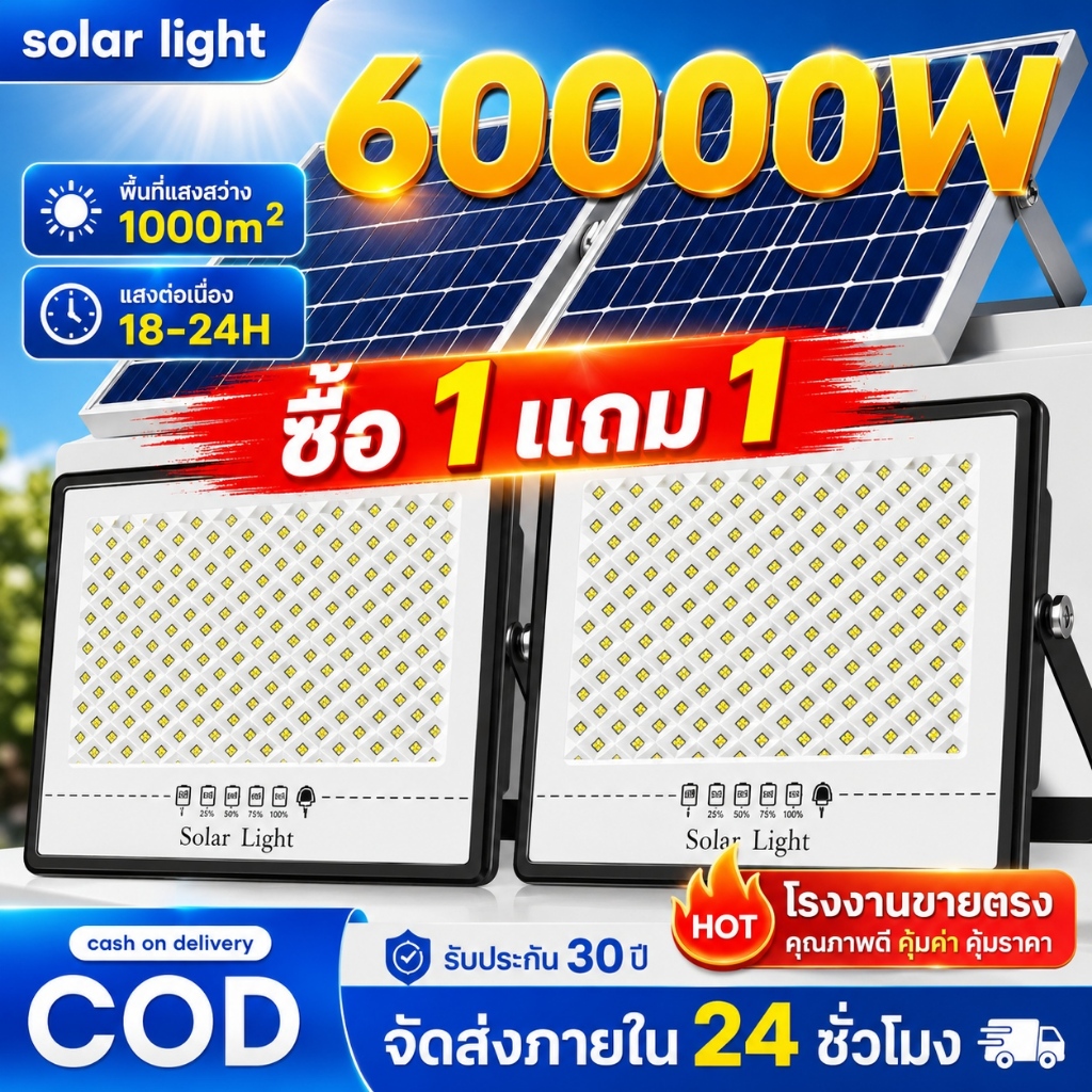ไฟโซล่าเซลล์ โซล่าเซลล์สปอตไลท์ 2500W โซลาร์เซลล์ Solar Light IP67กันน้ำ ป้องกันฟ้าผ่า จับเวลาระยะไกล 【รับประกัน30ปี】