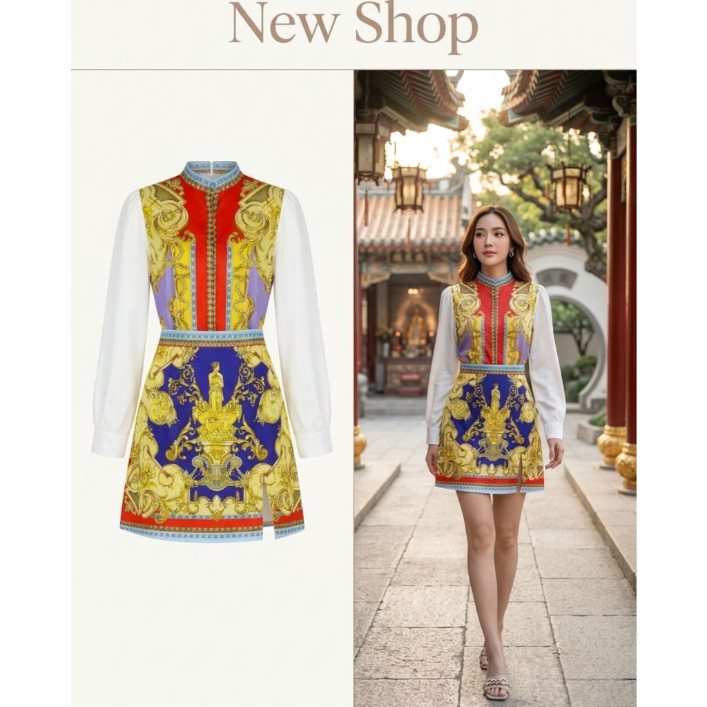 ชุดเซ็ตสองชิ้น MULTICOLOR คอตั้ง แขนยาว ความยาวเสื้อ=25 ความยาวกระโปรง=17
