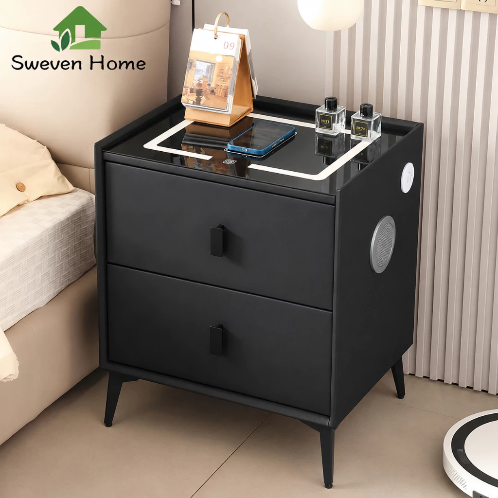 Sweven Home โต๊ะข้างเตียงอัจฉริยะ ตู้เก็บของทันสมัยเรียบง่ายมัลติฟังก์ชั่น ชาร์จไร้สาย พร้อมพอร์ตUSBไฟ3สีและลำโพงบลูทูธค