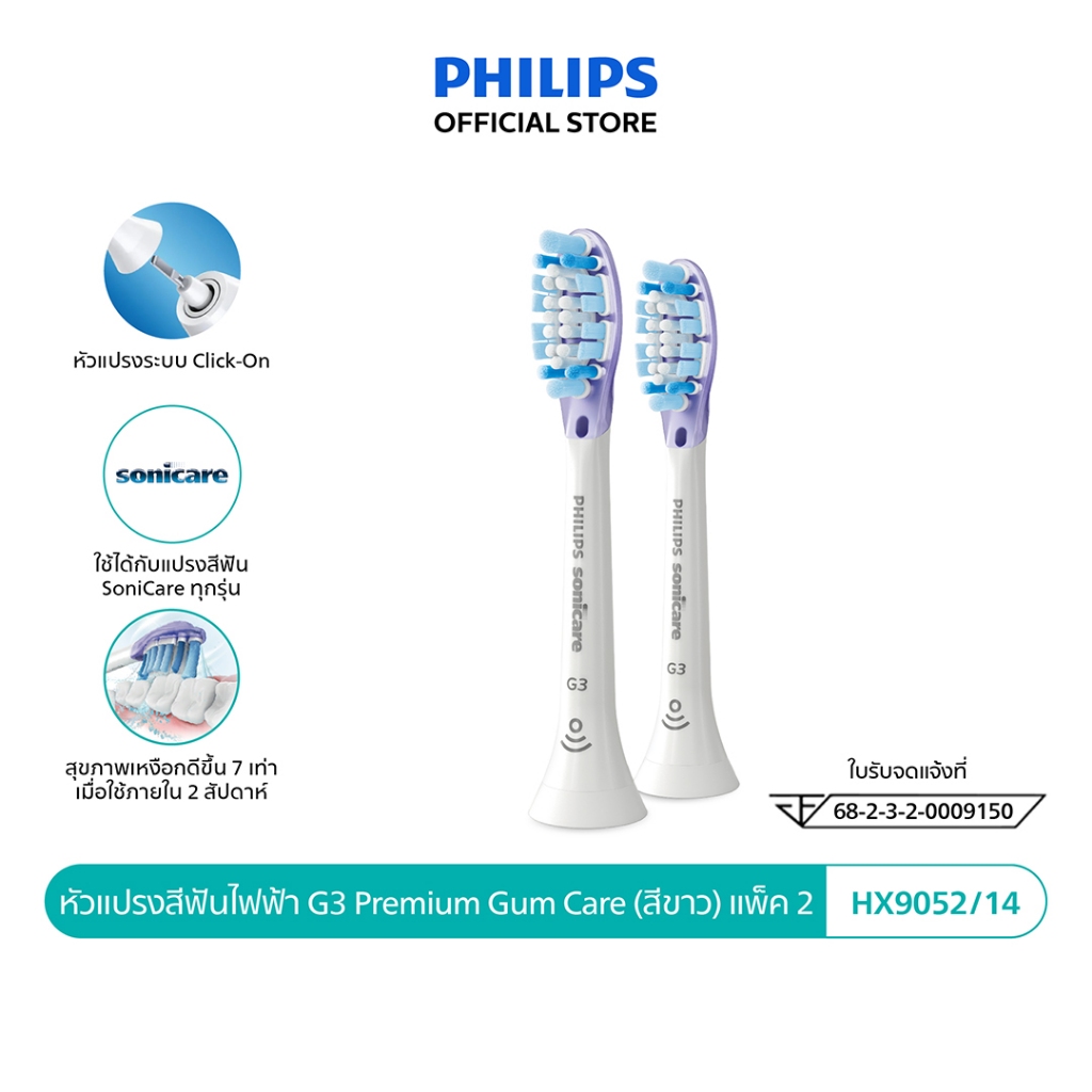 Philips Sonicare ฟิลิปส์ หัวแปรงสีฟันไฟฟ้า G3 Premium Gum Care, หัวแปรง Soft,แพ็ค 2 (ด้ามสีขาว) รุ่น HX9052/14