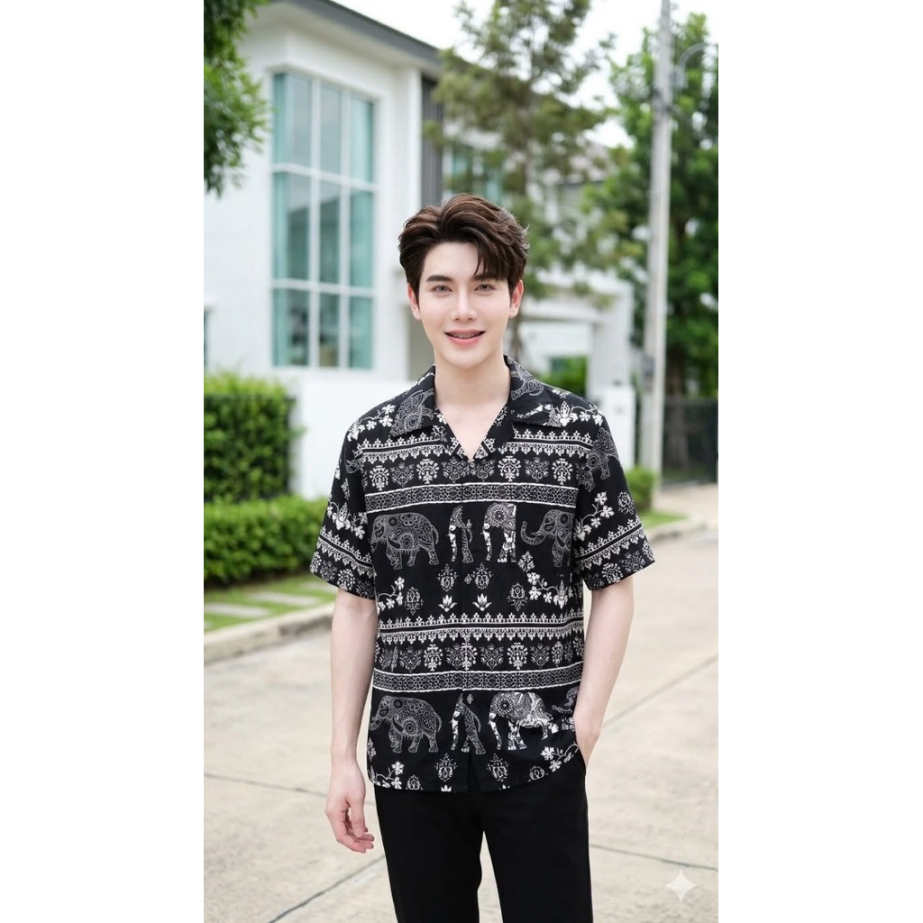INTERเสื้อเชิ้ตฮาวาย(ลายช้างมงคล) 🐘ชายหญิงใส่ได้ ผ้าไหมอิตาลีใส่สบาย พร้อมส่งจากเชียงใหม่