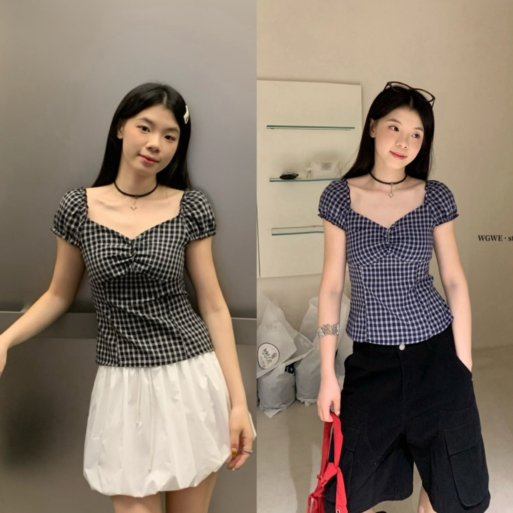 9514# เสื้อ แขนตุ๊กตา ลายสกอต หลังสมอค  เนื้อผ้าดี งานสวย  TAG:WG.WE 🇰🇷