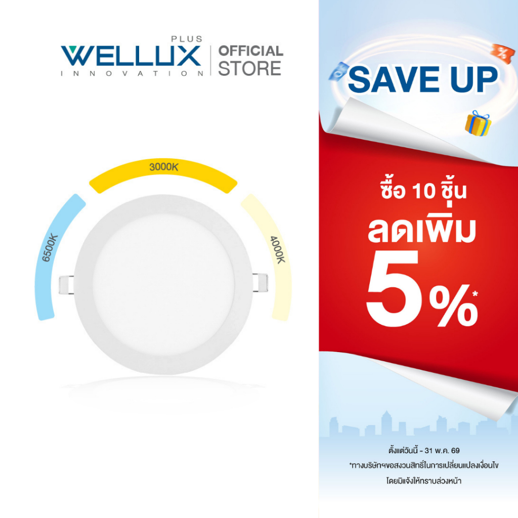 [3แสง]WELLUX โคมไฟดาวน์ไลท์ฝังฝ้า 9W 12W 15W ปรับได้ 3 แสงในโคมเดียว LED Downlight Panel light